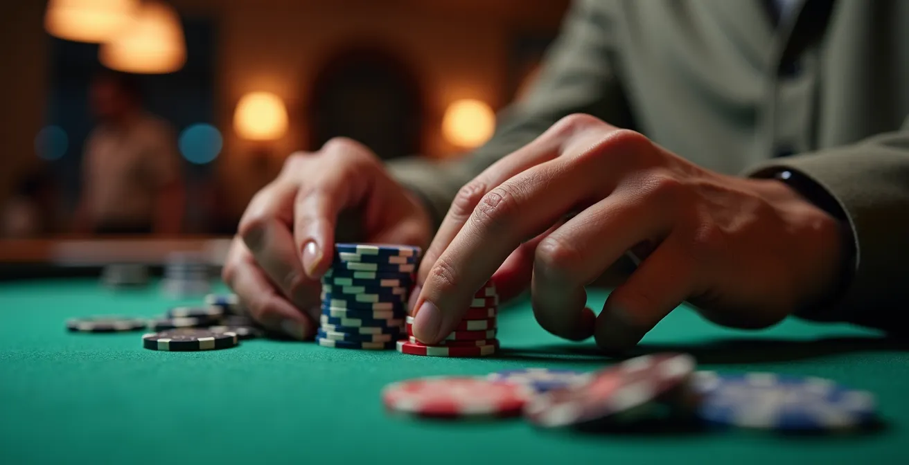 Vue d'ensemble d'une table de poker avec jeu d'ombres suggérant différents moments de la journée