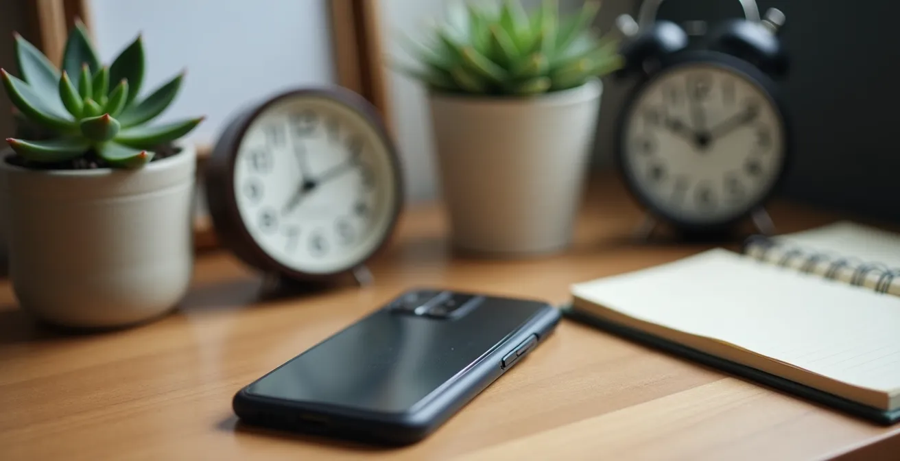 Smartphone posé face contre table sur un bureau en bois, environnement de travail épuré avec plante verte