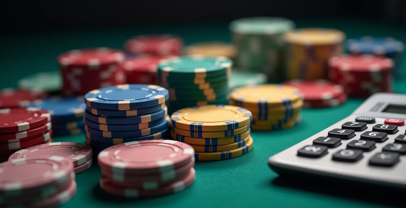 Vue macro de jetons de poker empilés avec calculatrice floue en arrière-plan