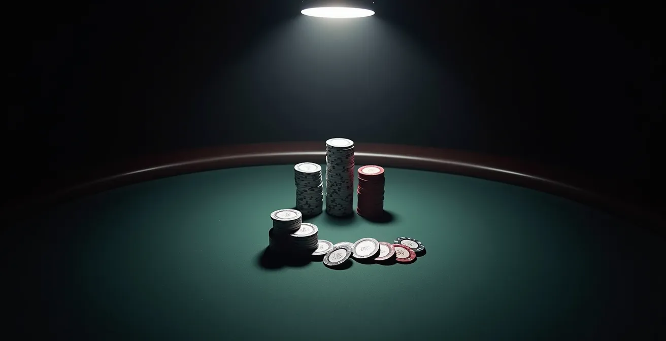 Vue en plongée d'une table finale avec quatre joueurs et leurs stacks de tailles différentes