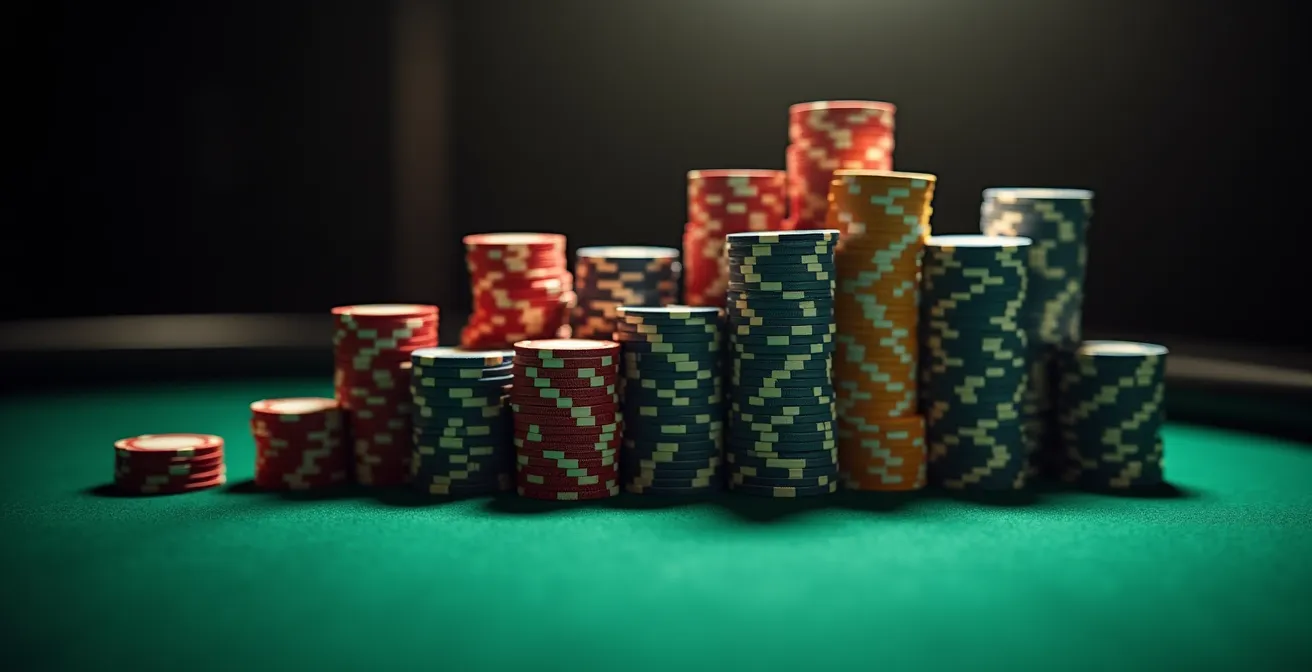 Jetons de casino empilés de hauteurs variables symbolisant la variance et les fluctuations