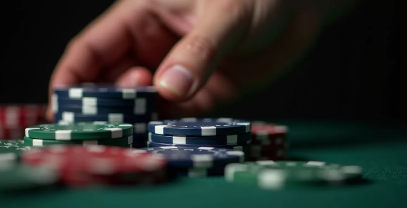 Vue macro d'une main tenant des jetons de poker avec texture détaillée