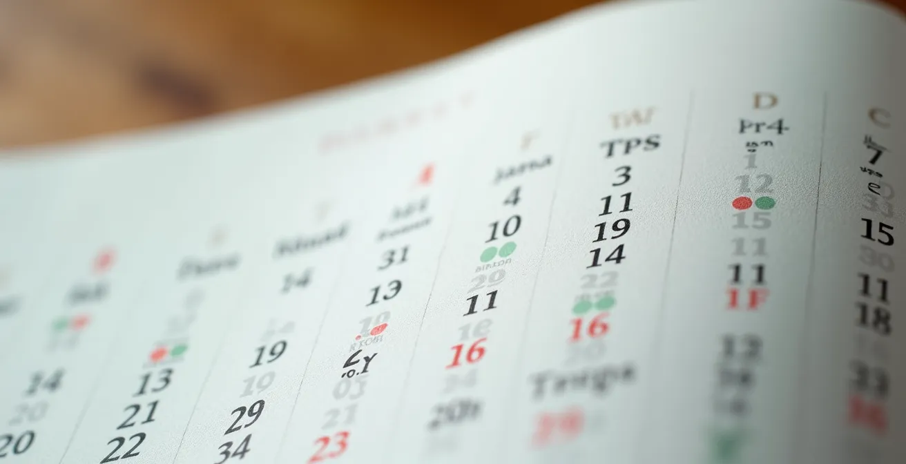 Calendrier visuel montrant l'alternance entre jours de jeu et jours de pause