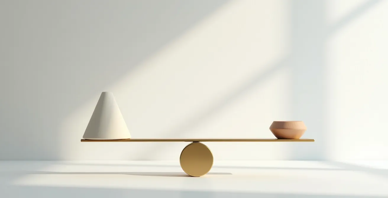 Balance en équilibre avec objets symboliques représentant plaisir et contrôle du jeu