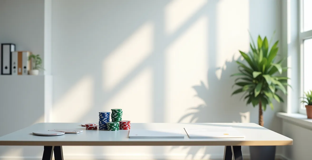 Bureau d'étude poker épuré avec vue large sur un espace de travail organisé