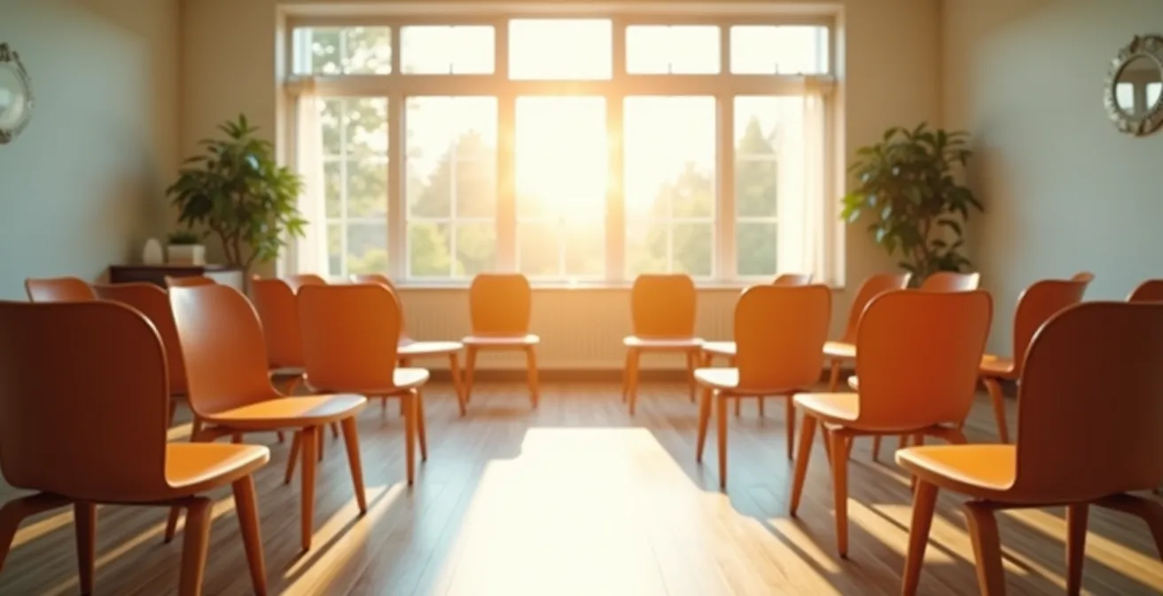 Cercle de chaises vides dans une salle lumineuse suggérant un espace de parole et d'entraide