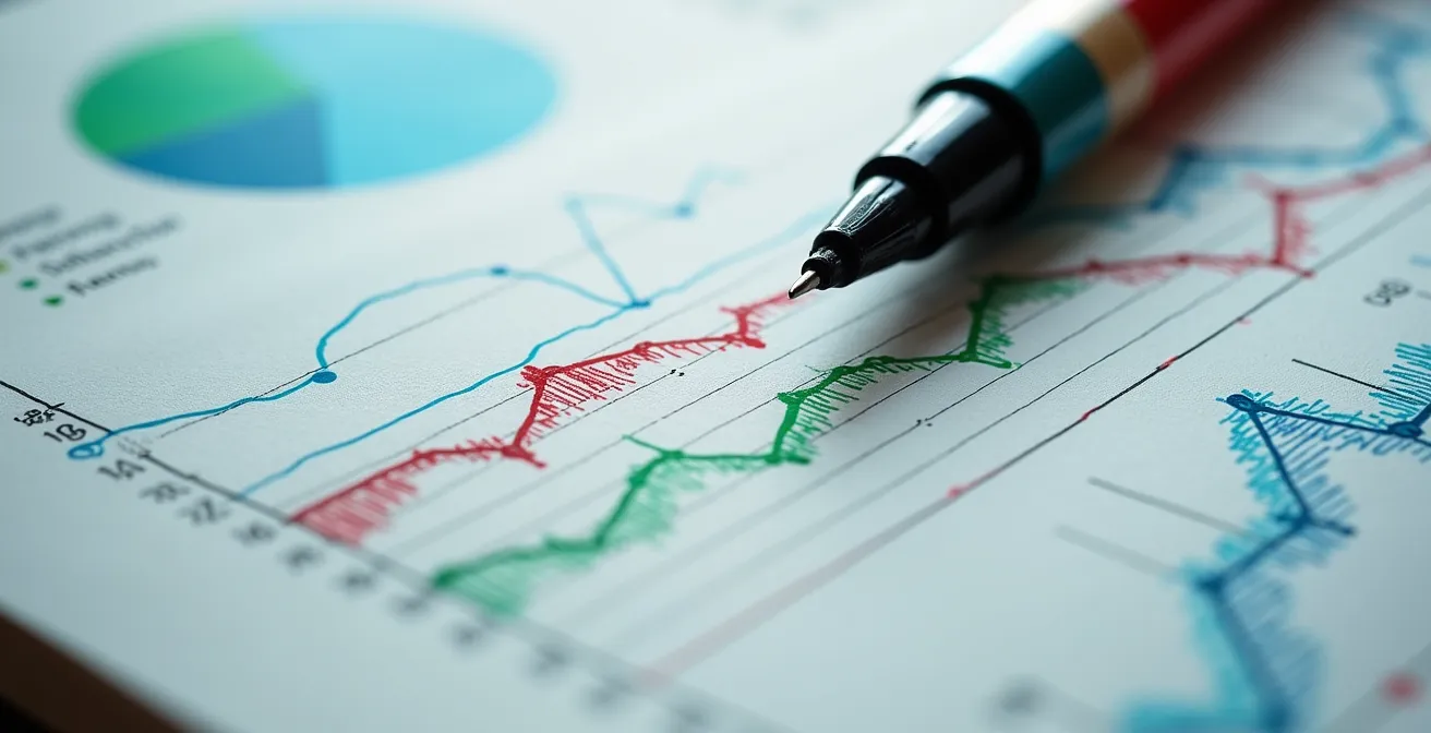 Vue macro d'un carnet ouvert montrant des graphiques colorés et des courbes d'analyse comportementale