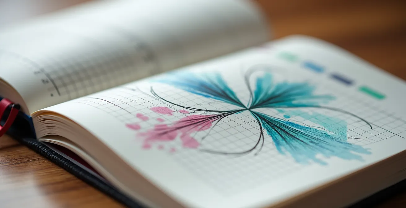 Carnet de suivi ouvert avec graphiques colorés et notes manuscrites sur une table