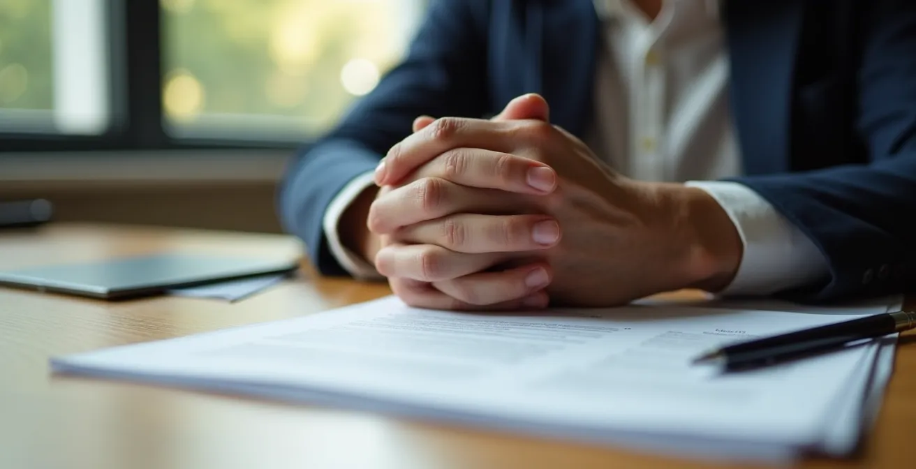 Mains posées sur une table en bois avec des documents flous en arrière-plan, évoquant une décision réfléchie
