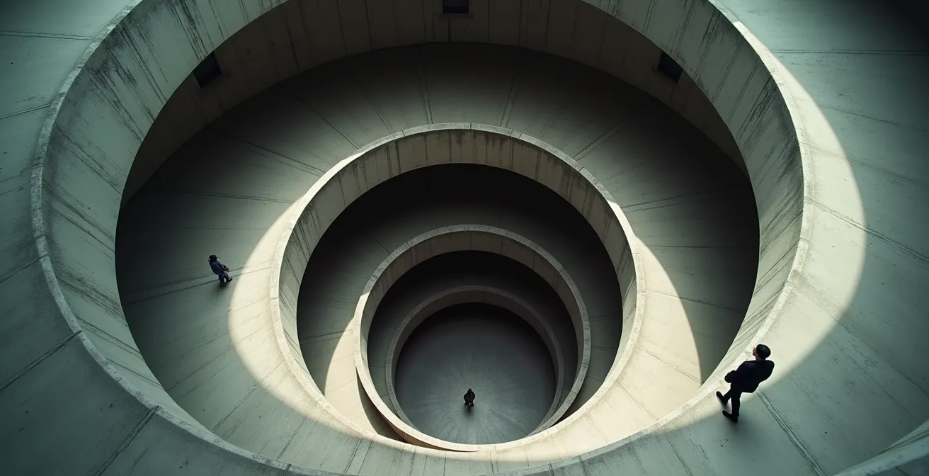 Métaphore visuelle d'une spirale descendante représentant l'endettement progressif lié au jeu